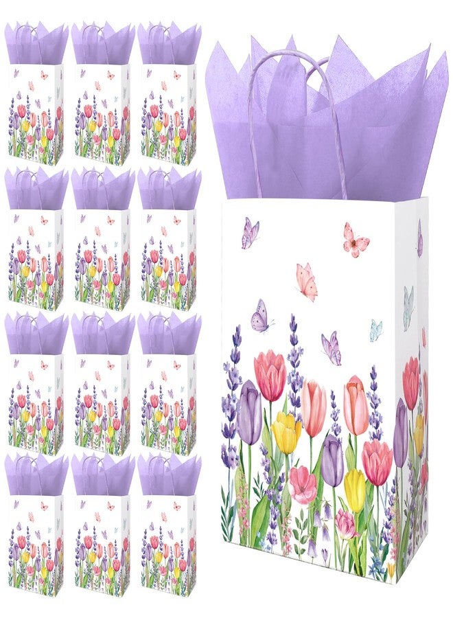 FYSUIMU 24Pcs Tulips Lavender Floral Paper Bags with 30 Sheets Purple Tissue Paper Watercolor Flower Butterfly Treat Bag with Handles Candy Goodie Bags for Birthday Party - Image 1